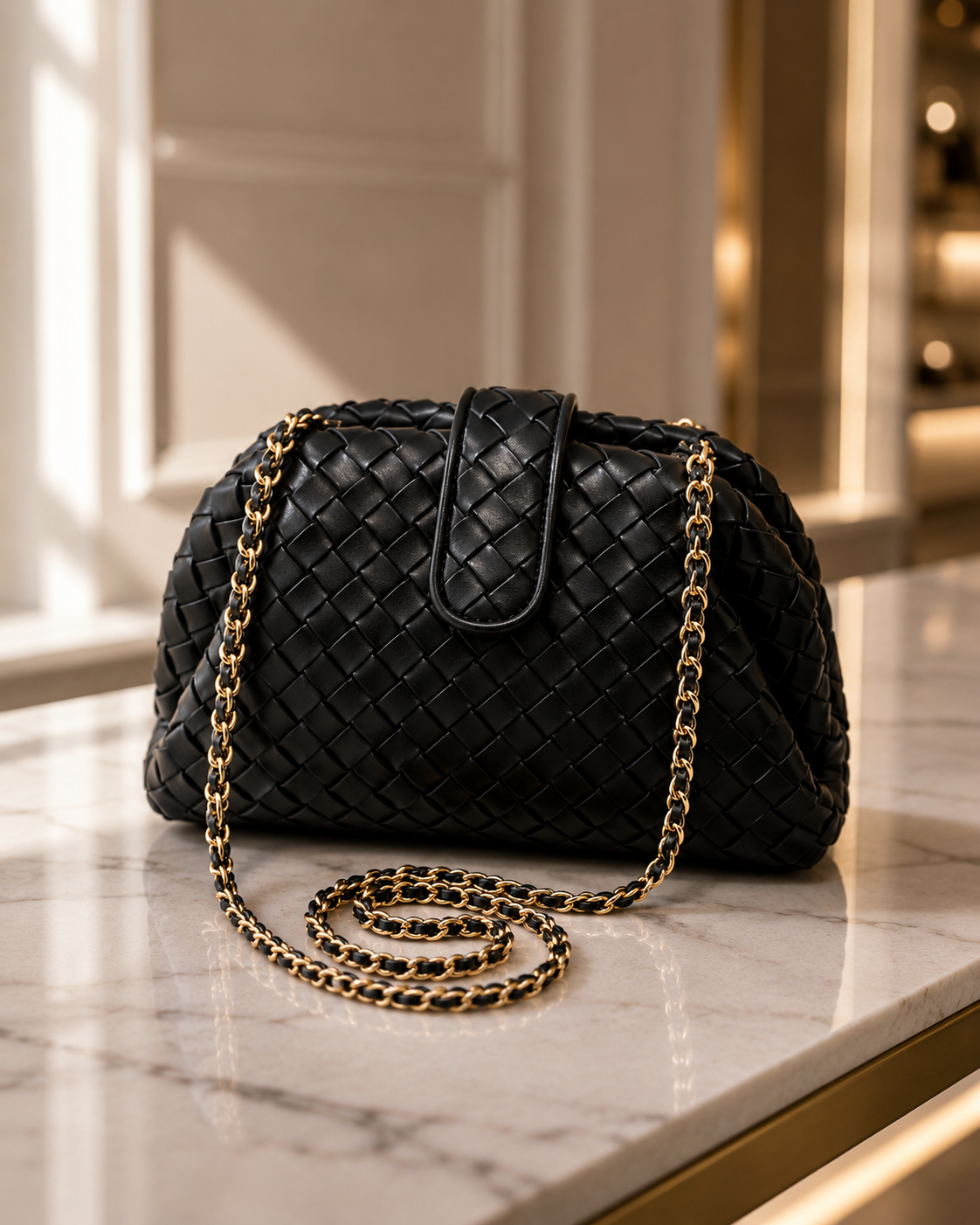 Sheeva Noir Luxe Woven Chain Pouch