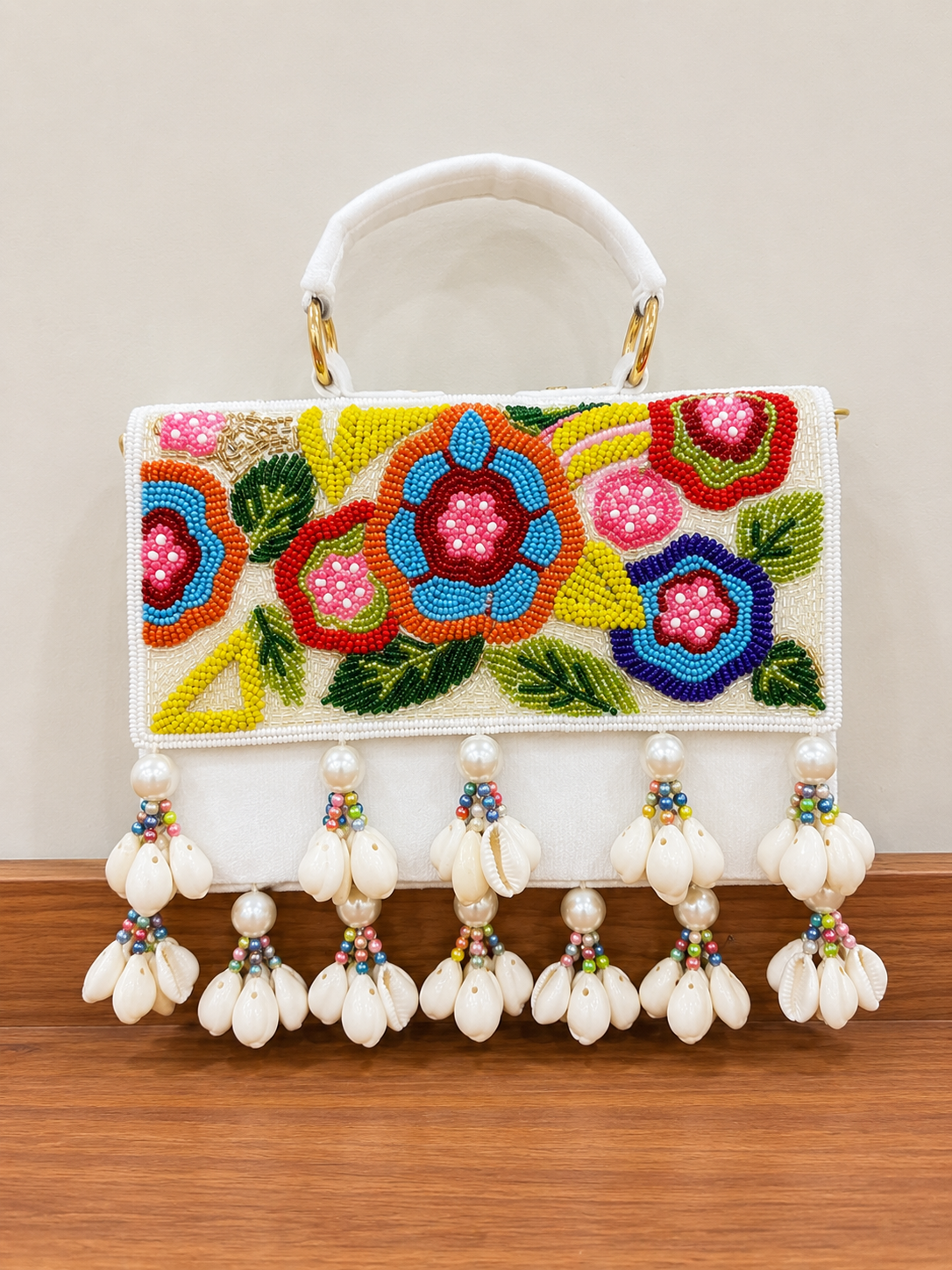 Sheeva Handbags Floral Beaded Shell Tassel Clutch