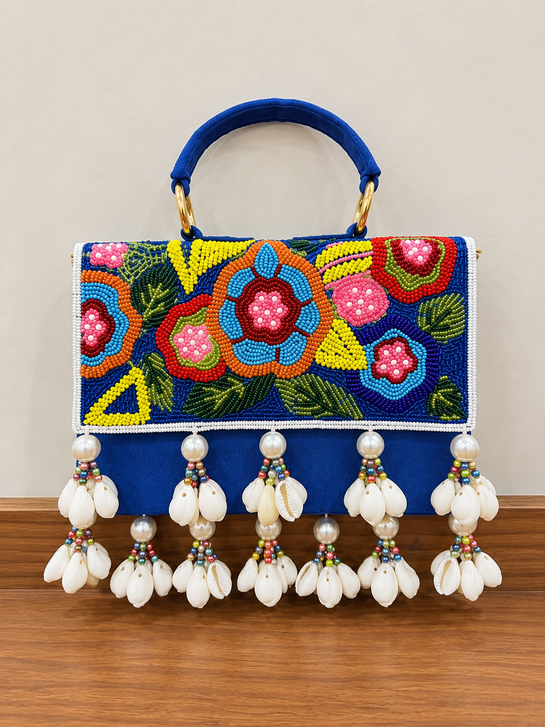 Sheeva Floral Beaded Shell Tassel Clutch