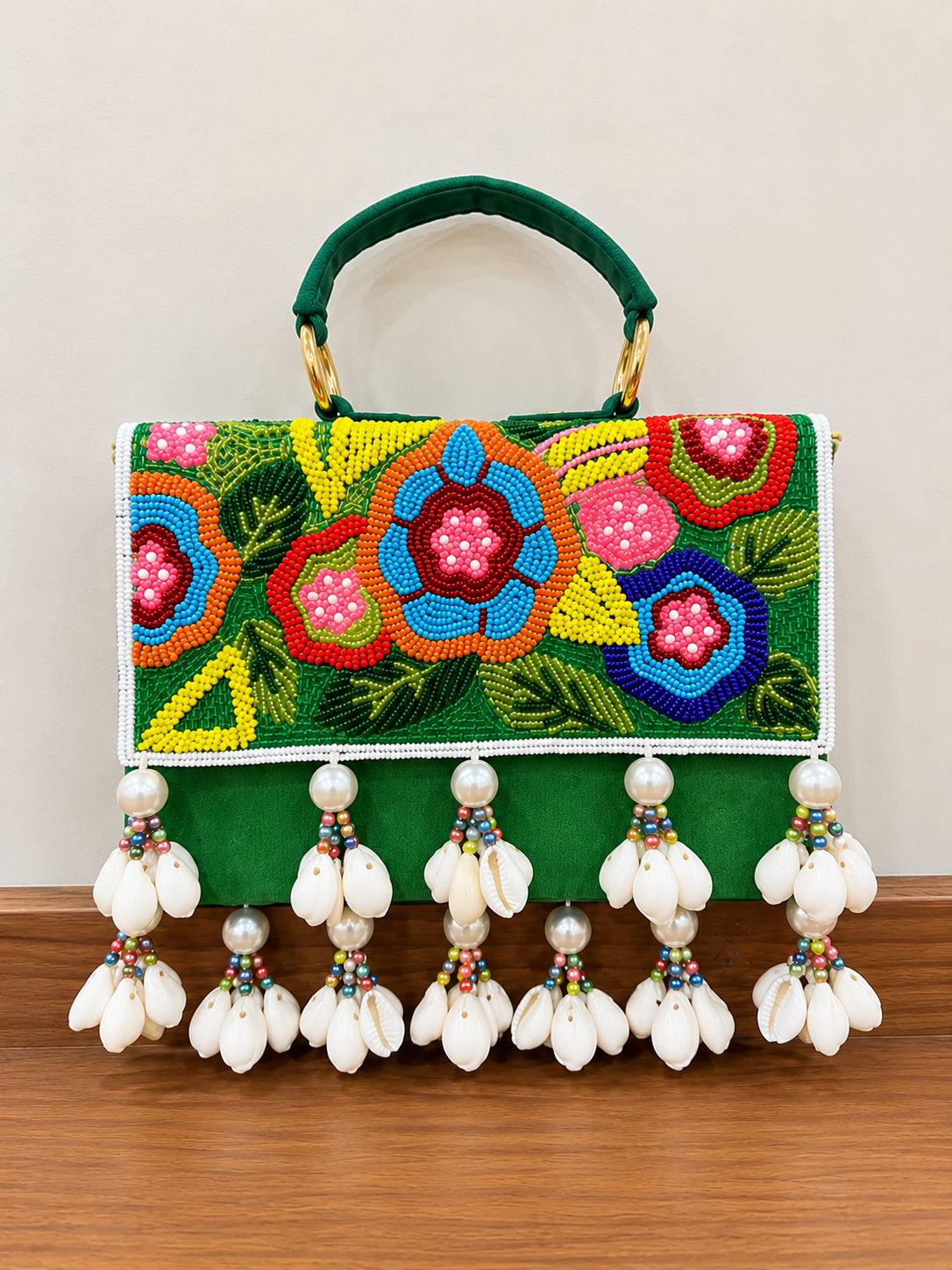 Sheeva Floral Beaded Shell Tassel Clutch