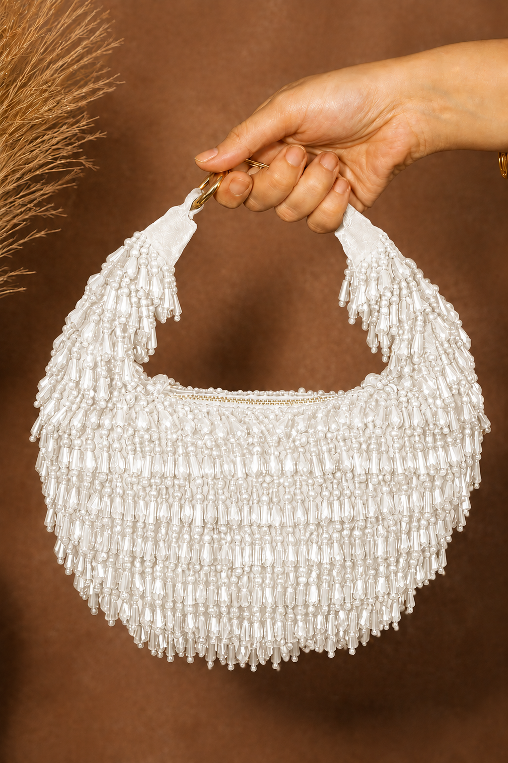 Sheeva Beaded Fringe Shoulder Handbag | Party Wear Pearl Bag