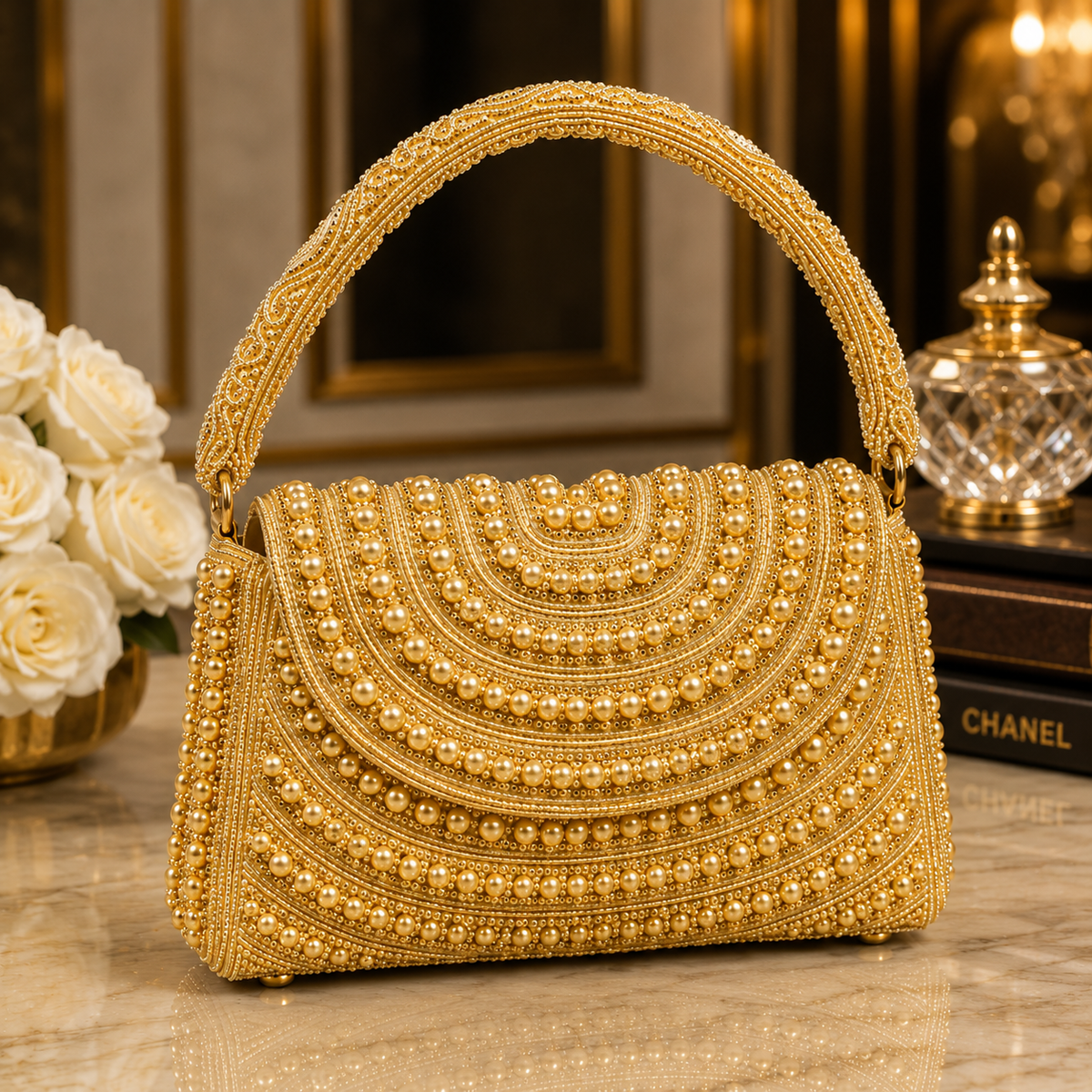 Sheeva Golden Zardozi Beaded Clutch