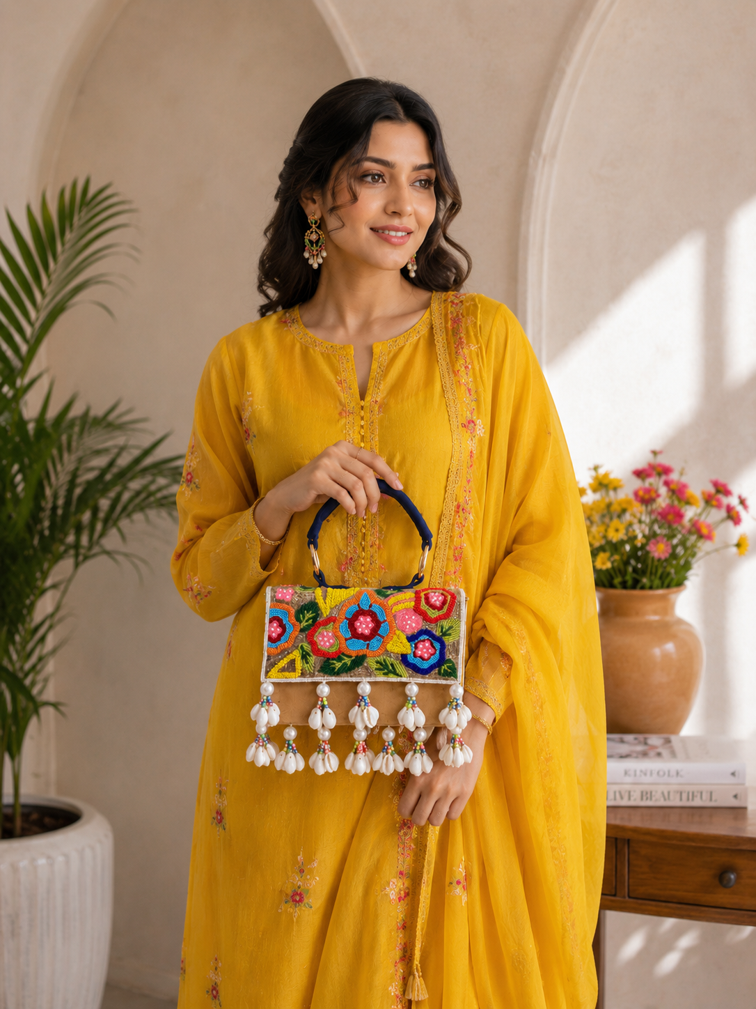 Sheeva Floral Beaded Shell Tassel Clutch